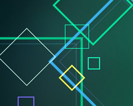 A sleek arrangement of luminous lines, squares, and diamonds creates a futuristic digital composition on a dark teal background, ideal for technology, finance, and creative projects.