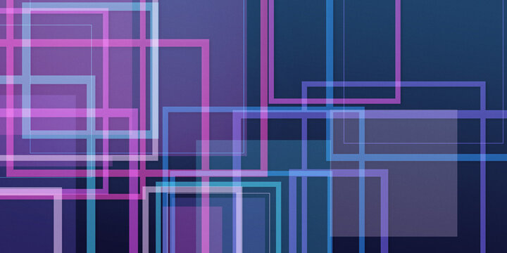 Overlapping translucent rectangles create a vibrant blue, violet, and magenta composition with futuristic depth, suitable for technology websites, presentations, branding, and creative layouts.