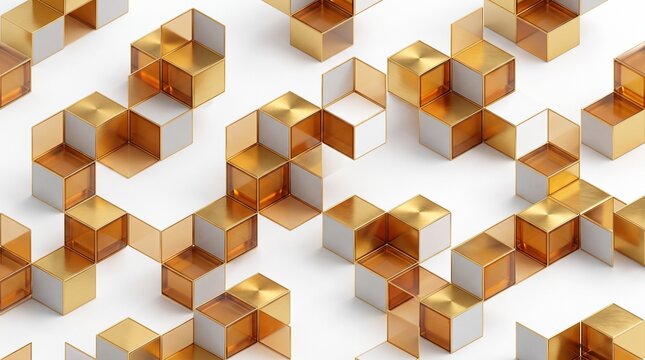 Geometric cubes in gold and white materials are arranged in a structured grid pattern on a plain surface.