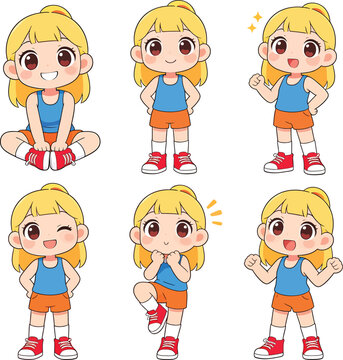 Set of cute blonde girl character in sport outfit with different poses