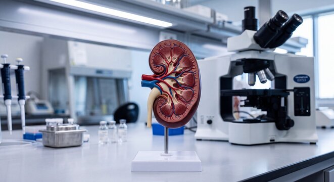 Anatomical cross section model of a human kidney on a stand alongside an optical microscope and research equipment in a modern medical laboratory.
