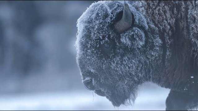 American Bison bull covered in frost, close-up portrait in Yellowstone winter