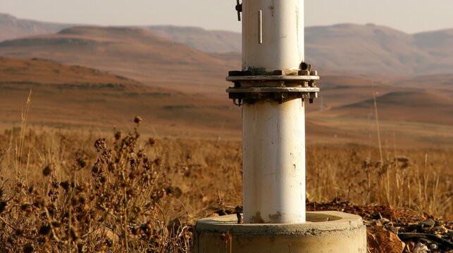 Metal tower leg secured to concrete foundation amid dry vegetation and rolling terrain, highlighting structural support, engineering, construction, infrastructure, stability, outdoor utility systems