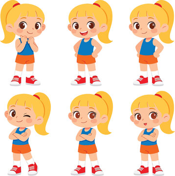 Set of cute blonde girl character in sports clothes with various poses