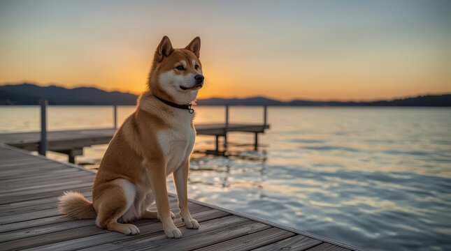 Dog sitting calmly beside quiet lake at sunset with reflective water