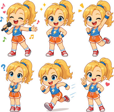 Set of cute blonde girl character in sportswear poses and activities