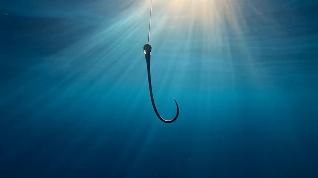 Cinematic underwater shot of a sharp dark fishing hook suspended with light rays piercing the deep blue ocean surface, symbolizing temptation, suspense, and the search for opportunity