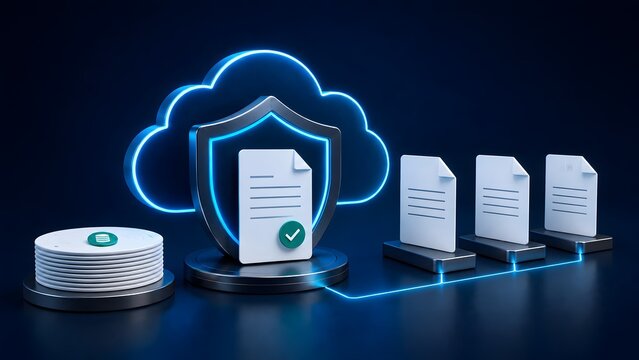 Glowing blue cloud icon with a digital shield protecting a verified document, alongside a stack of files and linked documents, representing secure cloud computing and online data backup.