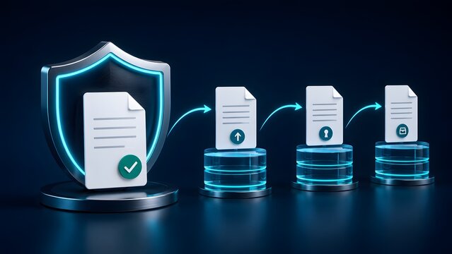 Glowing digital shield protecting a verified document, connected to a sequence of documents on server pods with upload and lock icons, illustrating secure data processing and storage workflow.