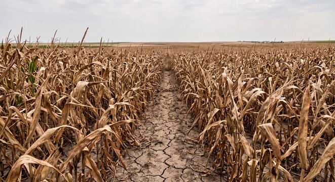 Severe drought in an agricultural field showing dried withered corn crops and cracked dry soil under a cloudy sky.