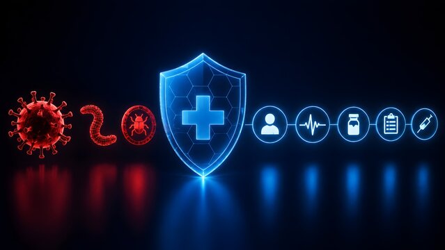 Glowing medical shield protecting healthcare data icons from 3D red virus cells and computer worms, illustrating health cybersecurity and antivirus defense.