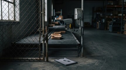 Fototapeta premium Locked warehouse gate, idle conveyor rollers, machine vision camera, RFID antenna, and clipboard highlighting AI supply chain bottlenecks