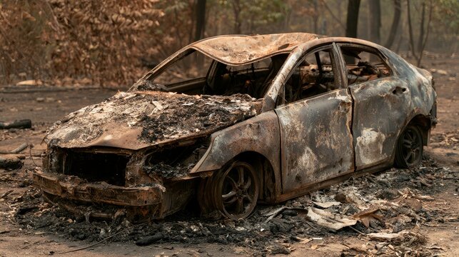 Charred and rusted car body destroyed by wildfire outdoors, showing severe fire damage, burned metal, disaster aftermath, vehicle destruction, environmental impact, and emergency recovery