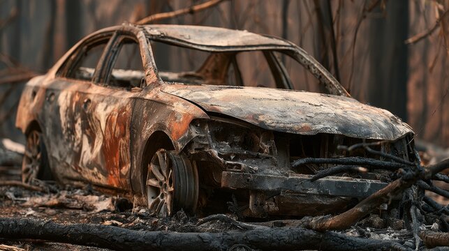 Charred and rusted car body destroyed by wildfire outdoors, showing severe fire damage, burned metal, disaster aftermath, vehicle destruction, environmental impact, and emergency recovery