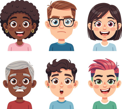 Set of diverse people avatar characters with different facial expressions and emotions cartoon vector illustration icons of multicultural men and wome