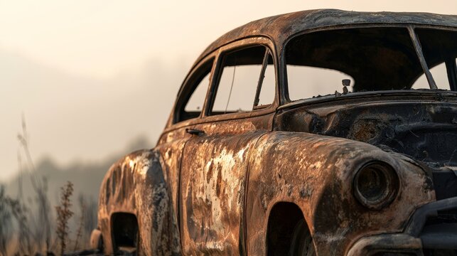 Charred and rusted car body destroyed by wildfire outdoors, showing severe fire damage, burned metal, disaster aftermath, vehicle destruction, environmental impact, and emergency recovery