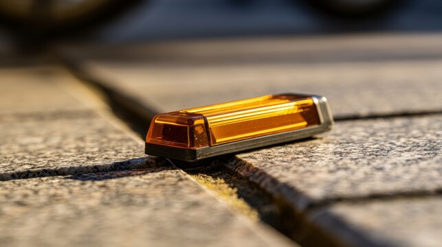 Detached amber bicycle reflector resting on textured paving beside deep joint, highlighting cycling safety, road maintenance, reflective equipment, urban infrastructure, outdoor transportation details