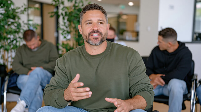 A business coach sits in a hospital rehabilitation lounge running a men's support circle, the single professional framing isolating his quiet authority as four seated men lean inward sharing vulnera