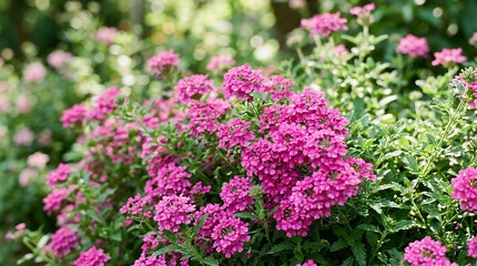 Fototapeta premium Dense Clusters of Pink Verbena Flowers with Green Leaves in Soft Focus pink verbena verbena flowers floral texture full frame flowers blooming clusters spring background pink blossoms green foliage