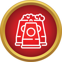 Naklejka premium Industrial power plant cooling towers with smoke in a red and gold button