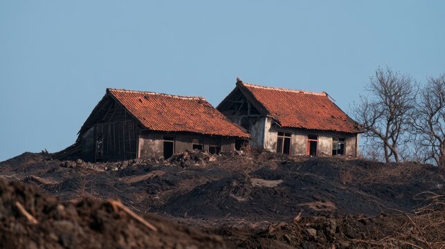 Traditional houses with red tiled roofs partially buried in volcanic ash after an eruption, showing damaged buildings, scattered debris, leafless trees, and a desolate disaster landscape