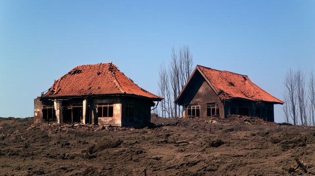 Traditional houses with red tiled roofs partially buried in volcanic ash after an eruption, showing damaged buildings, scattered debris, leafless trees, and a desolate disaster landscape