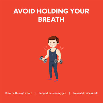 Avoid holding your breath fitness infographic, man lifting dumbbells with proper breathing technique, gym safety vector illustration for muscle oxygen and preventing dizziness risk