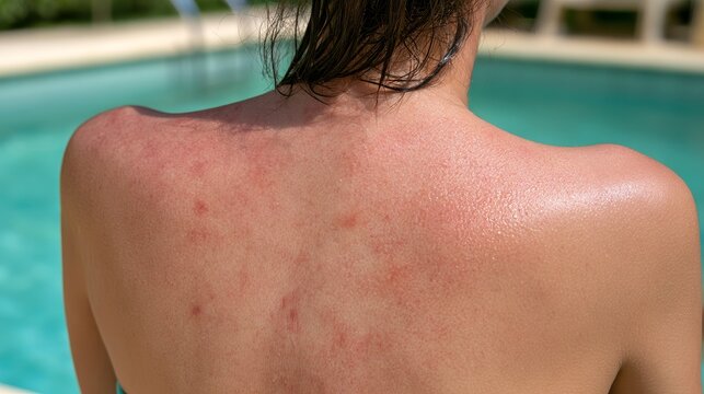 Woman with sun irritated back skin showing redness and swimsuit marks after summer exposure, highlighting heat discomfort, sunburn care, sensitive skin, and outdoor summer health