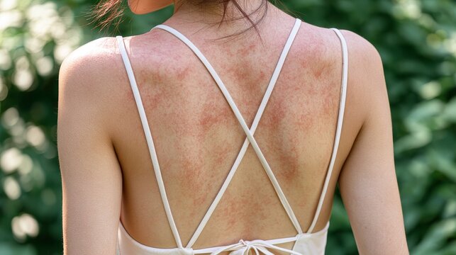 Woman with sun irritated back skin showing redness and swimsuit marks after summer exposure, highlighting heat discomfort, sunburn care, sensitive skin, and outdoor summer health