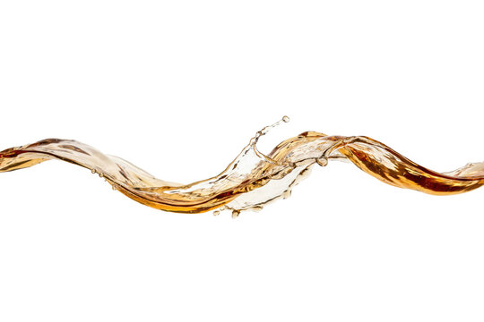 Dynamic horizontal wave of amber liquid with splashes and droplets isolated on a transparent background