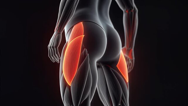 3D anatomical visualization of human gluteal and hamstring muscles contracting and flexing, with animated red glow, demonstrating strength and fitness, symbolizing physical health and athletic