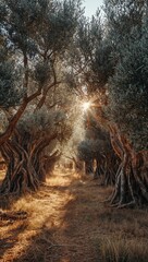 Fototapeta premium Sunlight shines through a serene olive grove, illuminating a rustic path between ancient twisted trees.