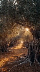 Fototapeta premium Sunlight shines through a serene olive grove, illuminating a rustic path between ancient twisted trees.