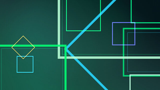 Layered turquoise, green, blue, and yellow geometric outlines intersect across a dark teal field, creating a sleek futuristic backdrop for websites, presentations, and branding.