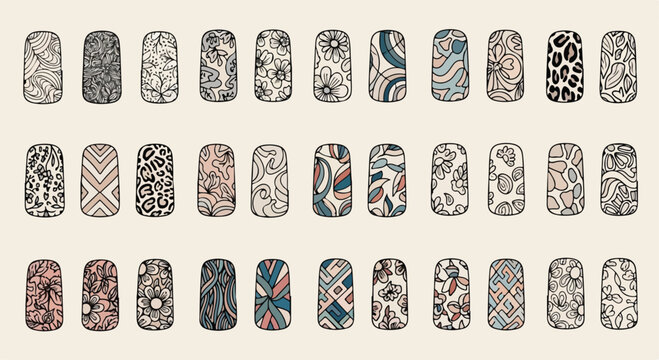 Boho hand drawn nail art designs, set of 33 abstract manicure patterns, decorative aesthetic nail stickers vector collection