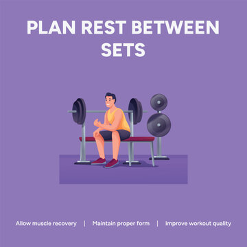 Fitness workout recovery illustration with man resting on weight bench, gym exercise plan for muscle recovery between sets, purple vector graphic for sports training and health tips