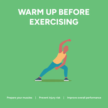 Warm up before exercising fitness illustration, flat vector man stretching muscles to prevent injury risk, athletic male character performing pre-workout routine on green background