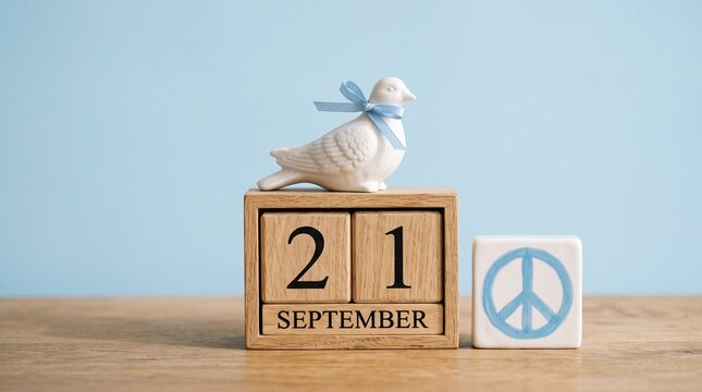 A wooden calendar block showing the date september twenty first with a small dove figurine and a peace sign symbol on a blue background