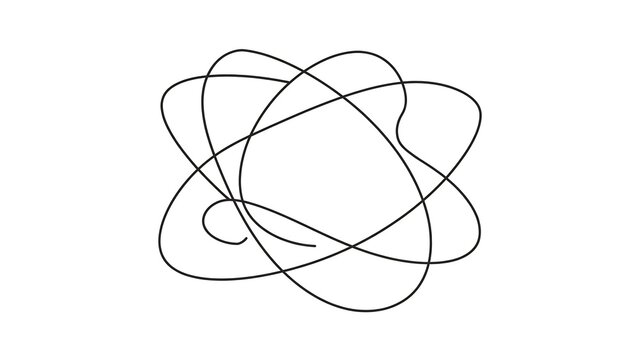 Abstract atomic symbol line art white background.