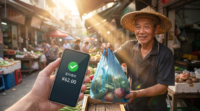 Smartphone Mobile Payment at Asian Outdoor Produce Market with Elderly Male Vendor