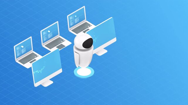 Isometric animation of a friendly AI robot managing computer networks and data systems.