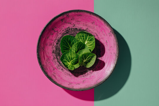 Fresh Cabbage Leaves in Rustic Pink Ceramic Bowl on Split Pink and Mint Background, Bold Colour Block Vegetable Still Life with Hard Shadow