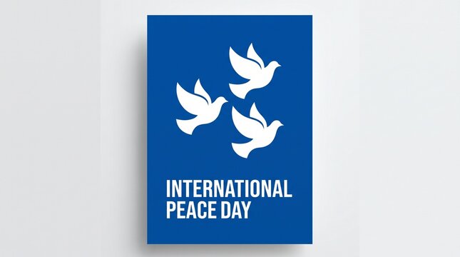 A minimalist graphic design poster for international peace day featuring three white flying doves on a solid blue background with bold white typography