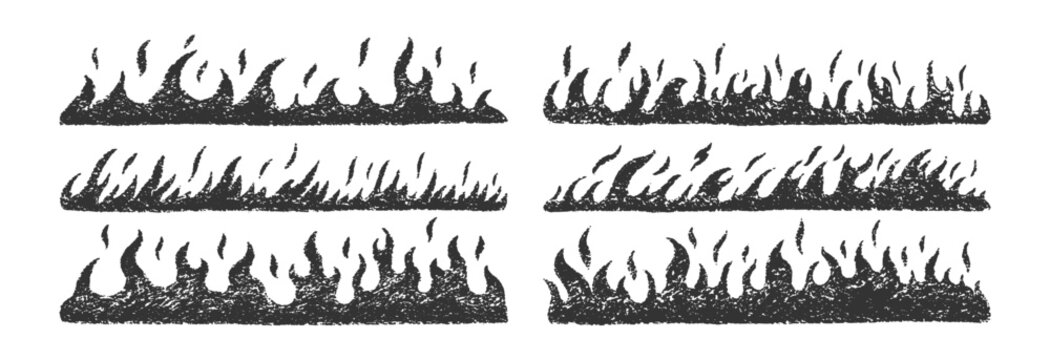 Crayon-style flame sketches and fire borders. Vector illustration set with hand-drawn textures, brush strokes, and vibrant chalk-like patterns for artistic projects. Vector illustration.