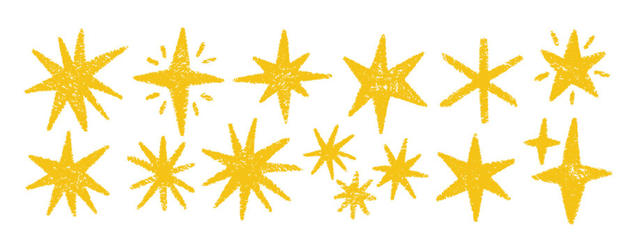 Crayon-style star sketches with hand-drawn charm. Pastel vector doodles featuring brush strokes, sparkles, and cute shapes for children's backgrounds. Vector illustration.