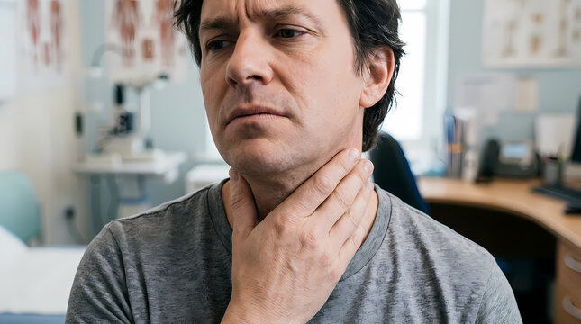 Middle aged man feeling uncomfortable while touching his neck during a medical consultation session at a clinic to address symptoms of sore throat or potential issues with the thyroid gland