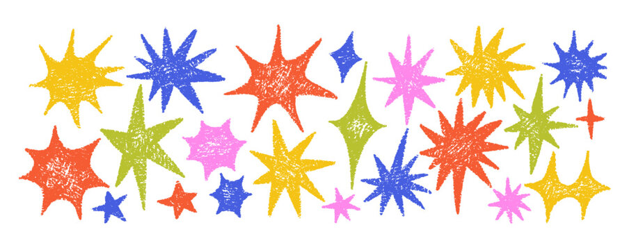 Crayon stars featuring cute doodles in chalk and brush textures. Pastel shapes featuring brush strokes, sparkles. Color vector illustration.