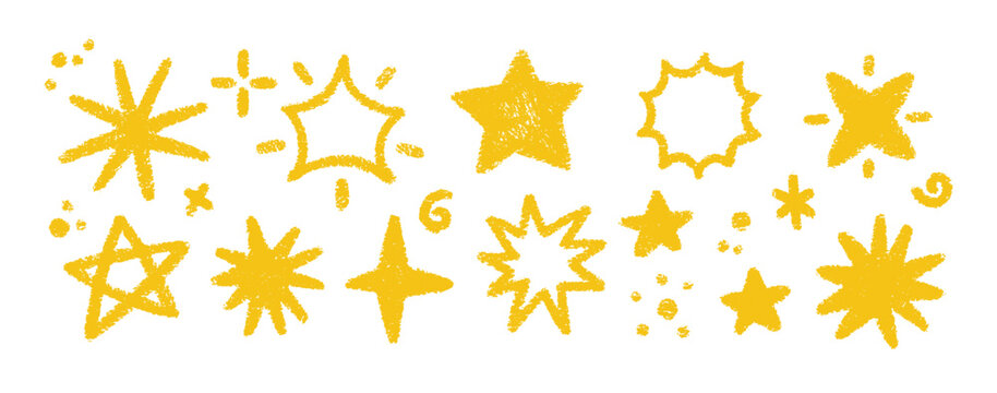 Cute pastel doodles featuring sketched icons with brush textures. Perfect for festive patterns, children's backgrounds, collage designs. Vector yellow illustration.