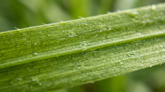 Ultra Closeup Macro View Detailed Cellular Micro Texture Of Fresh Green Blade Of Grass Plant InFormat macro closeup grass green leaf texture detail microscopic nature natural botanical