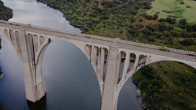 Aerial drone shot of the spectacular stone viaduct in Spain